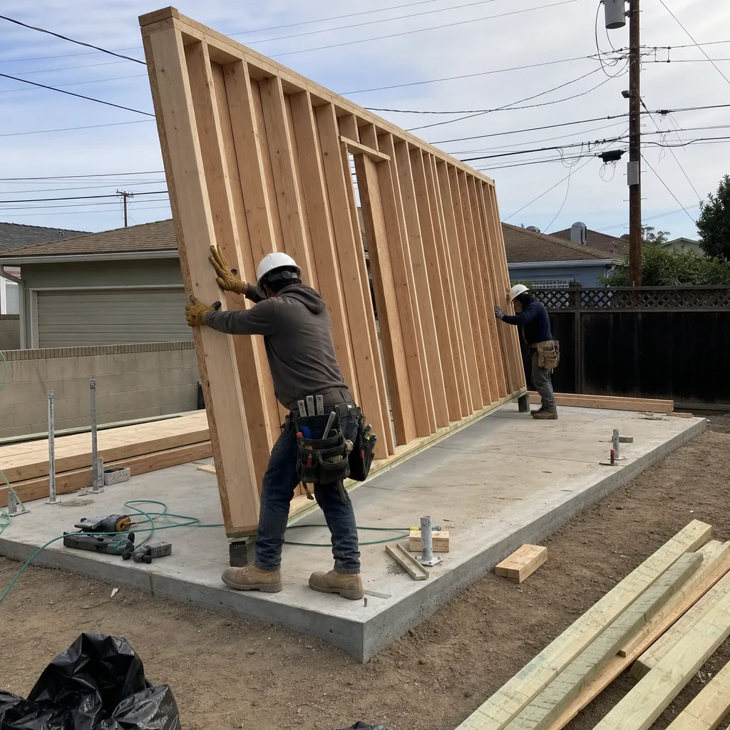 Two construction workers raising a wooden wall frame for an ADU
