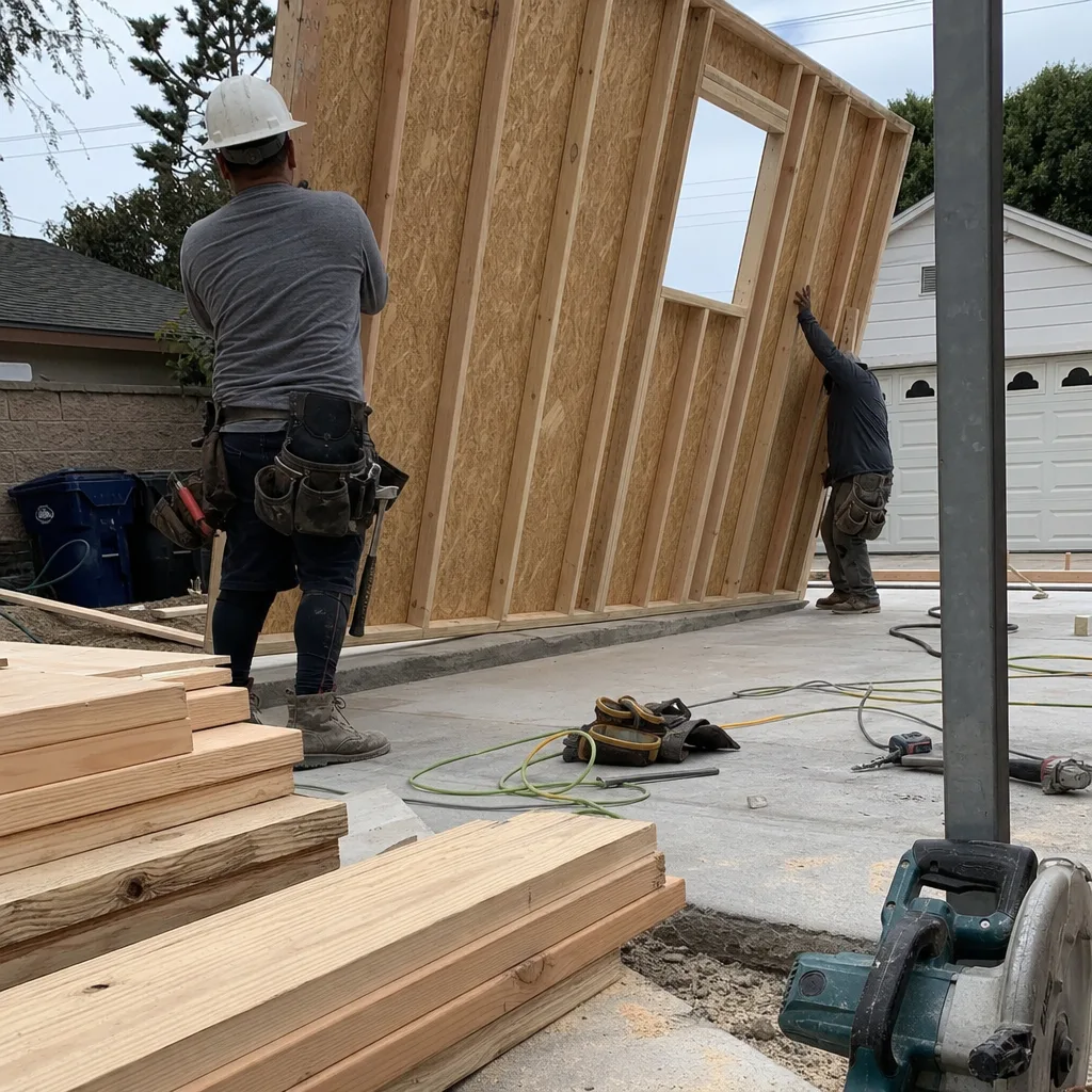 Professional builders framing an accessory dwelling unit wall on concrete foundation