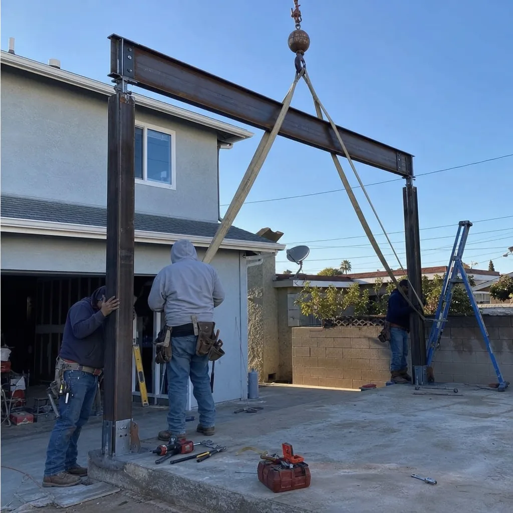 Professional construction crew installing a steel structural frame for an ADU build