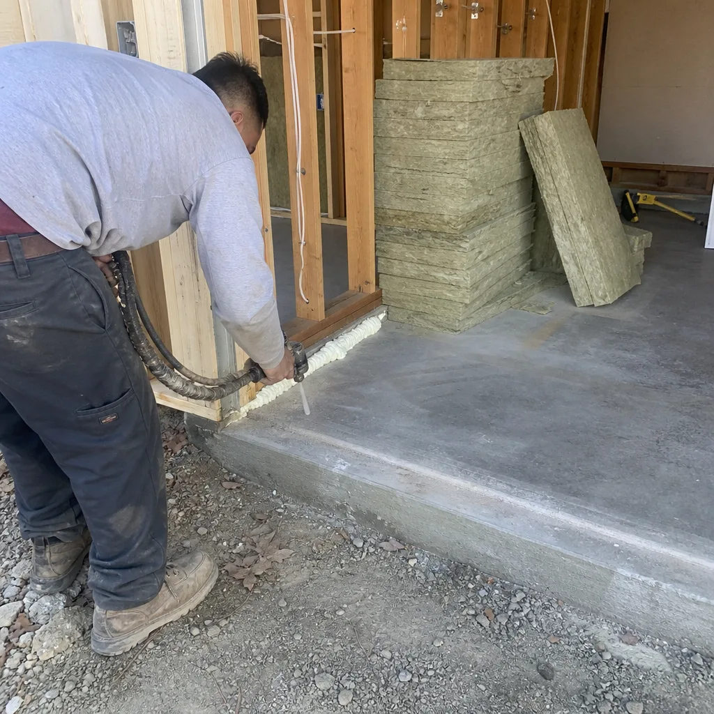 Contractor applying spray foam insulation to a garage conversion wall base