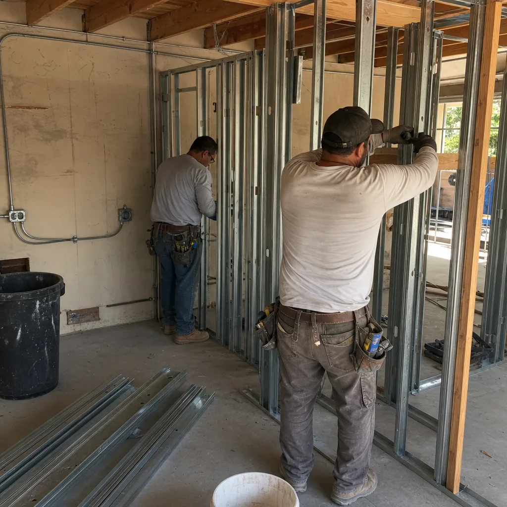 Contractors installing steel wall framing for a professional garage conversion project