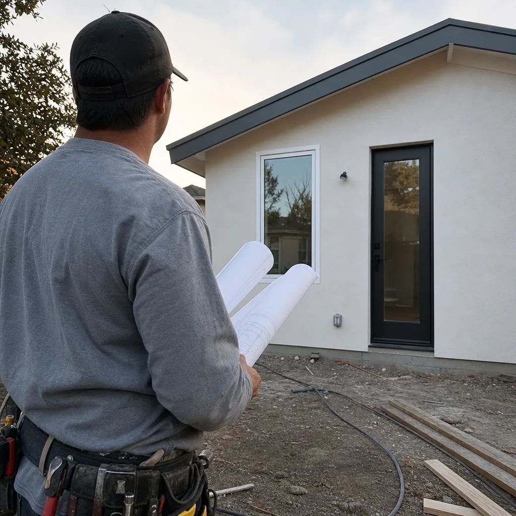 Contractor with blueprints inspecting a new residential room addition project.