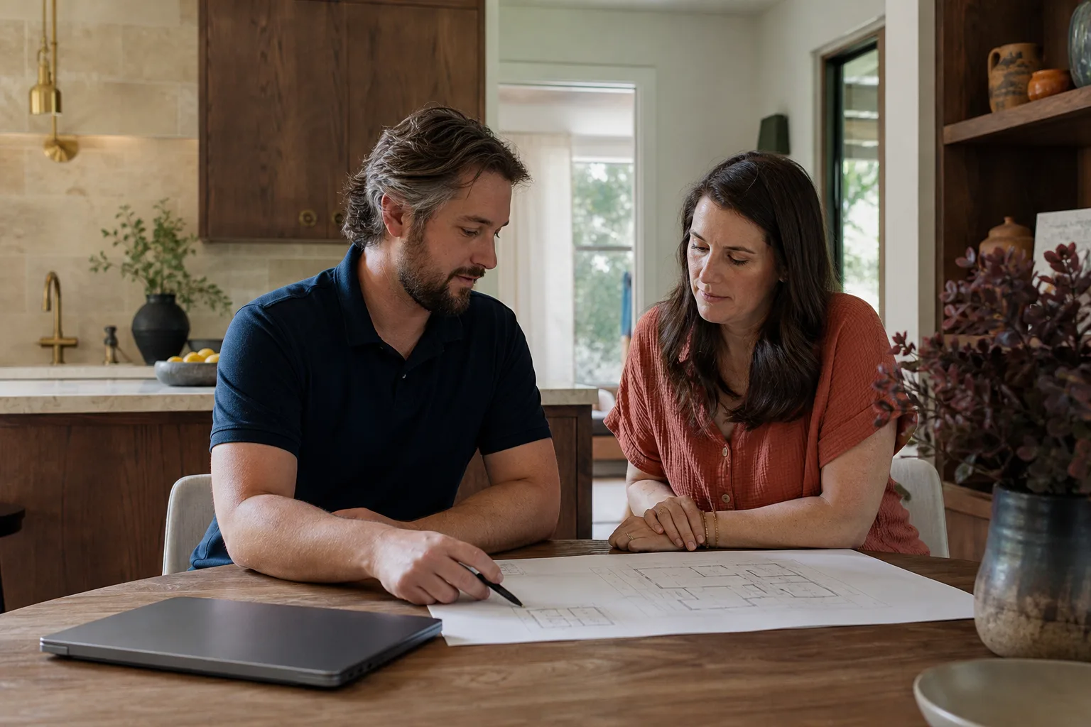 A project lead going over permit drawings with a homeowner